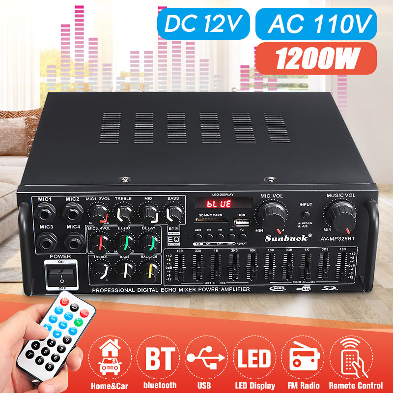 5.0 bluetooth 2 Channel 2000W Audio Power HiFi Amplifier 326BT DC 12V/220V AV Amp Speaker with Remote Control 4 Micro input