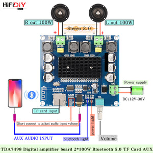 HIFIDIY LIVE XH-A105 Bluetooth 5.0 TDA7498 digital amplifier board 2x100W speaker Stereo Audio AMP Module Support TF Card AUX
