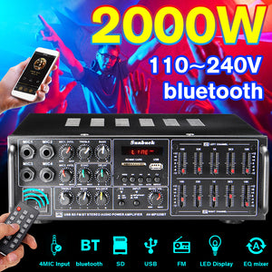 bluetooth SD USB FM 4*Mic Stereo Amplifier 2000W 2 Channel Tuner HIFI Remote Home Audio HiFi